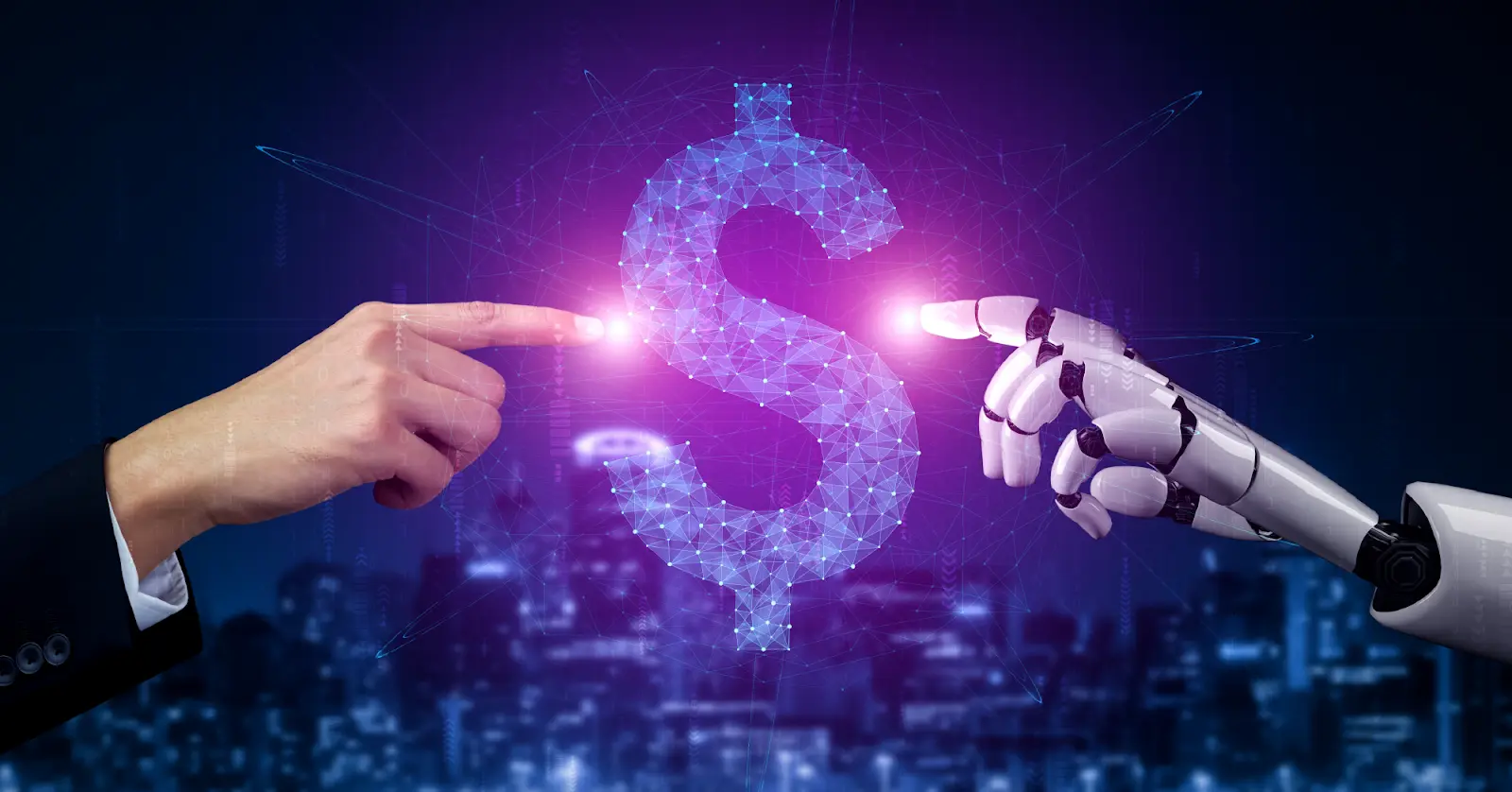 Robo hand and AI hand in digital currency.